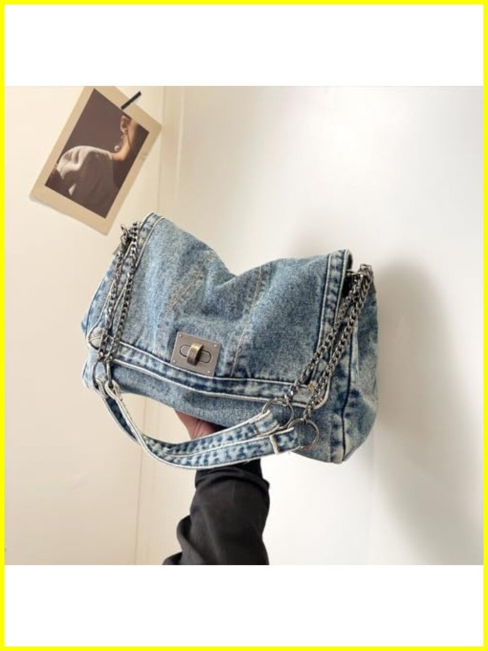 Large Denim Tote Bag for Women Crossbody Shoulder Turn-Lock Closure - Picture 2 of 6